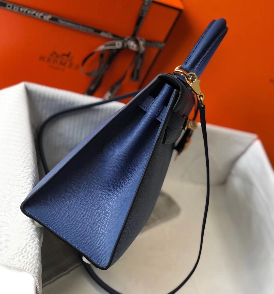 Hermes Kelly 28cm Sellier Handmade Bag In Bleu Saphir Epsom Leather