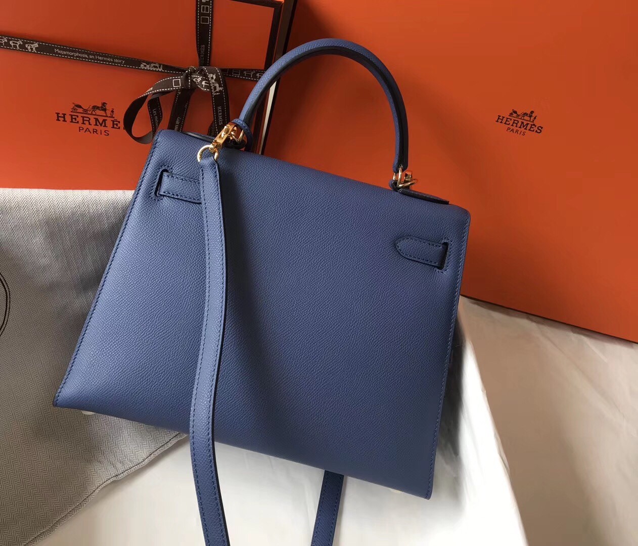 Hermes Kelly 28cm Sellier Handmade Bag In Bleu Saphir Epsom Leather