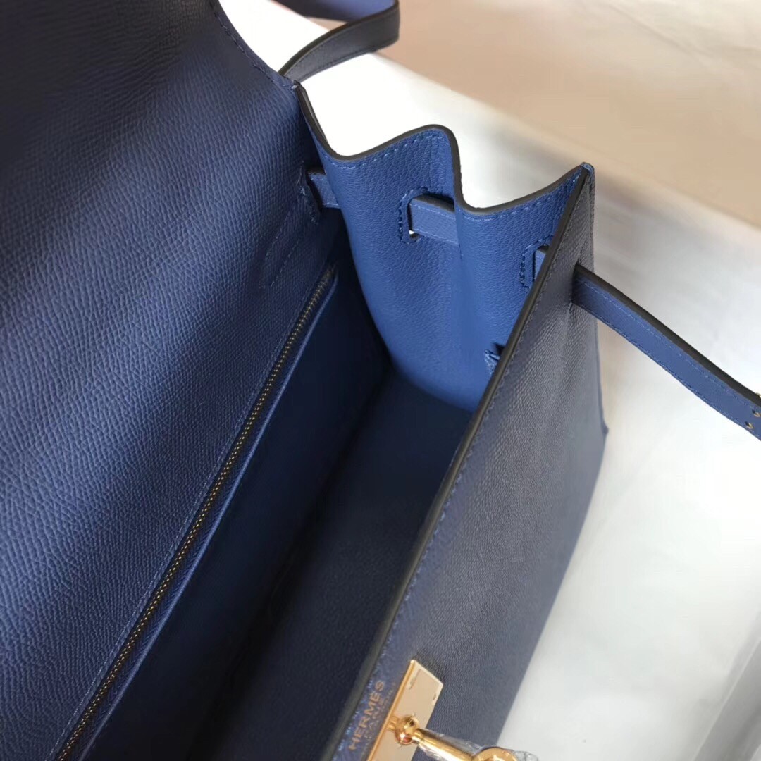 Hermes Kelly 28cm Sellier Handmade Bag In Bleu Saphir Epsom Leather