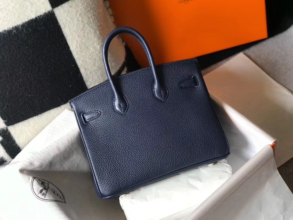 Hermes Birkin 25cm Bag In Navy Blue Clemence Leather
