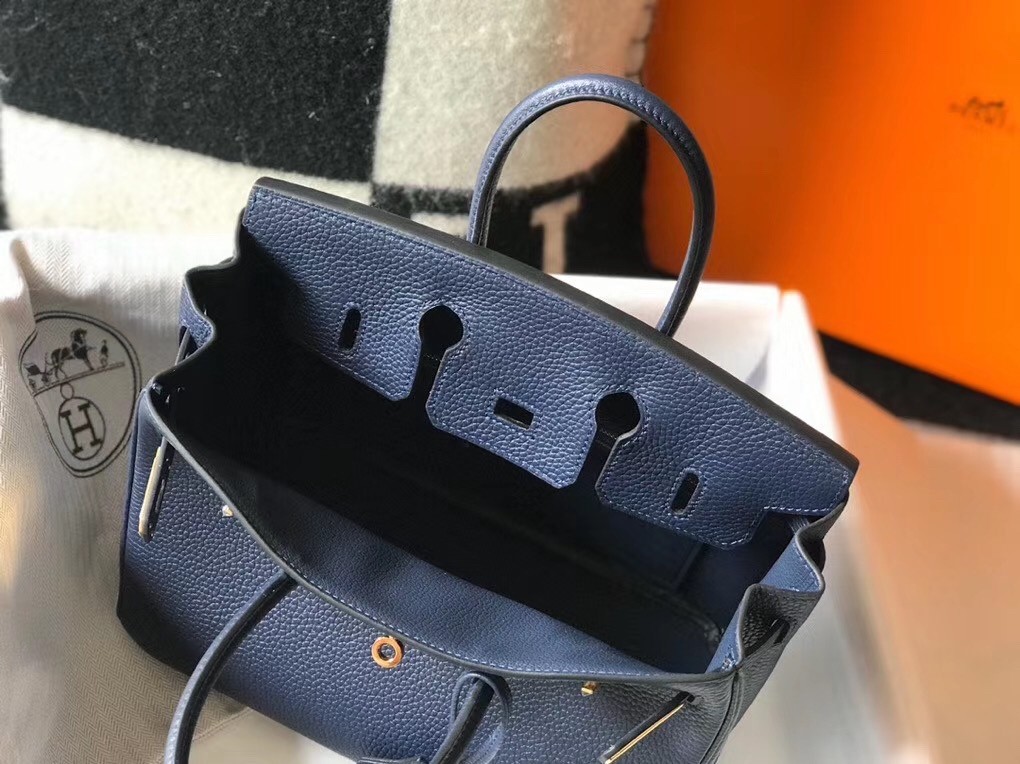 Hermes Birkin 25cm Bag In Navy Blue Clemence Leather