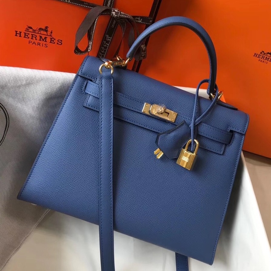 Hermes Kelly 25cm Sellier Handmade Bag In Bleu Saphir Epsom Leather