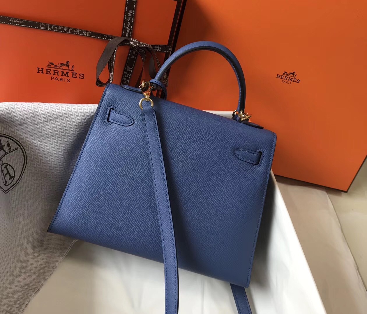 Hermes Kelly 25cm Sellier Handmade Bag In Bleu Saphir Epsom Leather