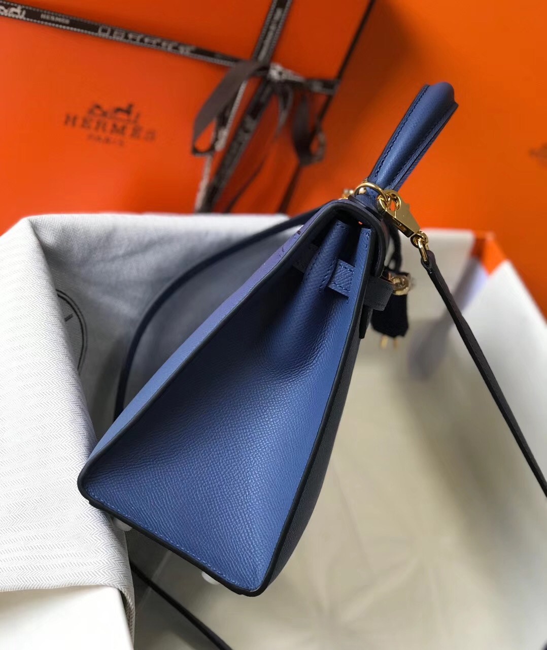 Hermes Kelly 25cm Sellier Handmade Bag In Bleu Saphir Epsom Leather