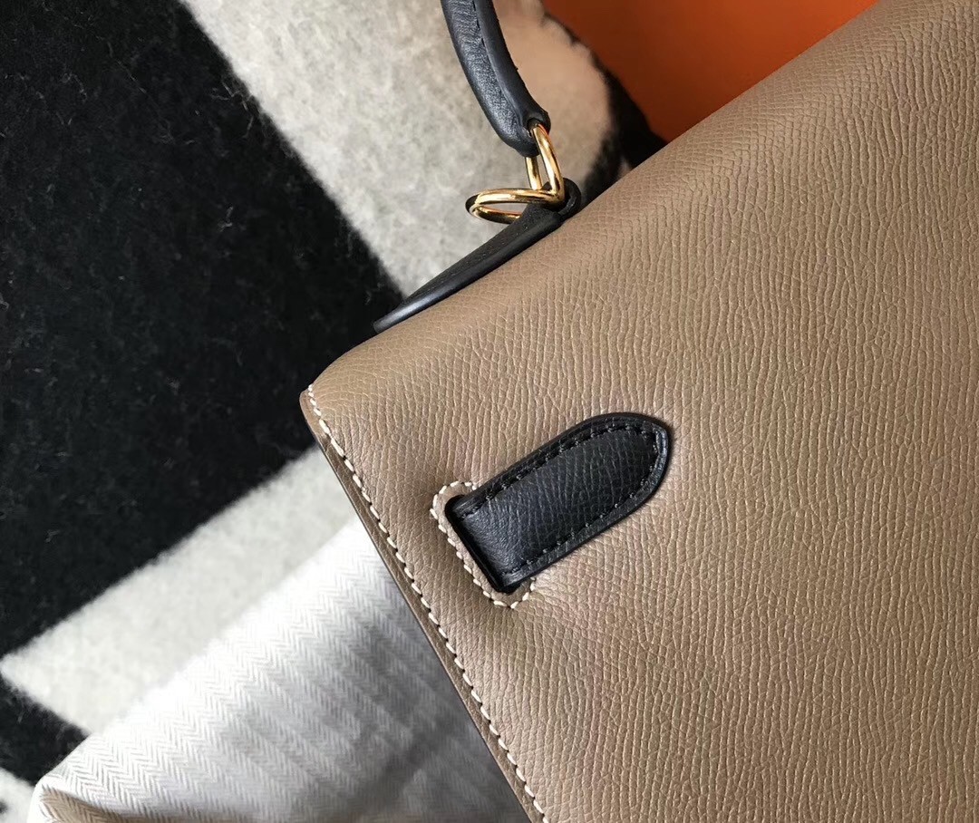 Hermes Bi-color Kelly 32cm Epsom Bag Taupe/Black GHW