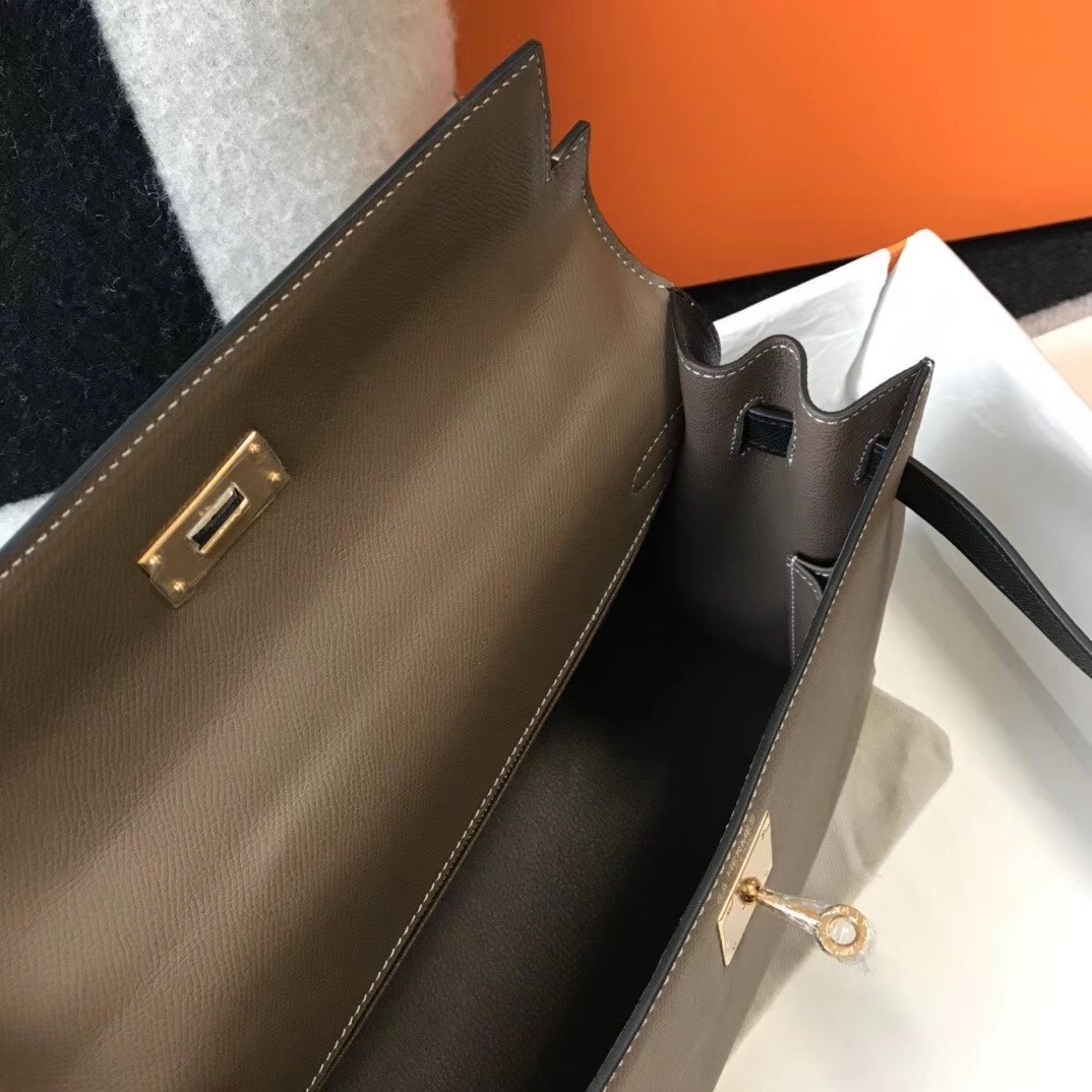 Hermes Bi-color Kelly 32cm Epsom Bag Taupe/Black GHW