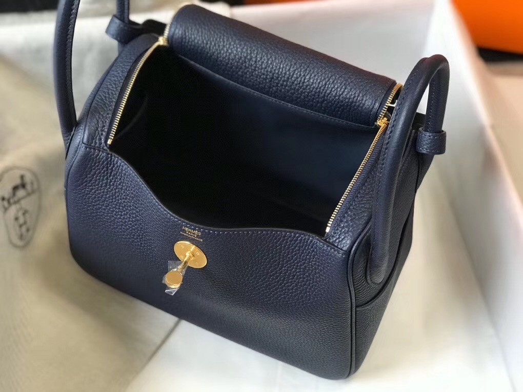 Hermes Lindy 26cm Bag In Navy Blue Clemence With GHW