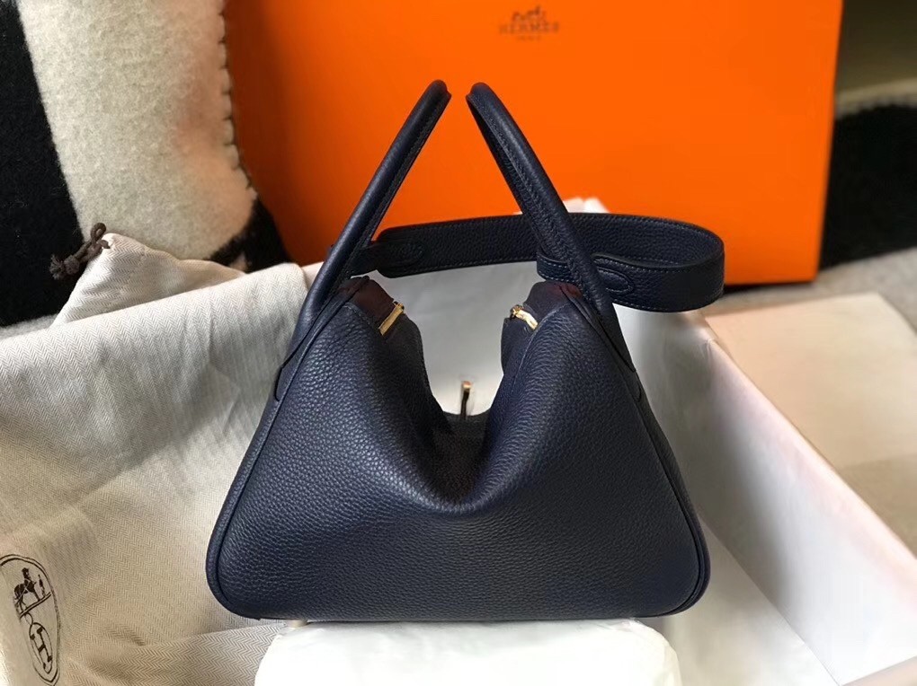 Hermes Lindy 26cm Bag In Navy Blue Clemence With GHW