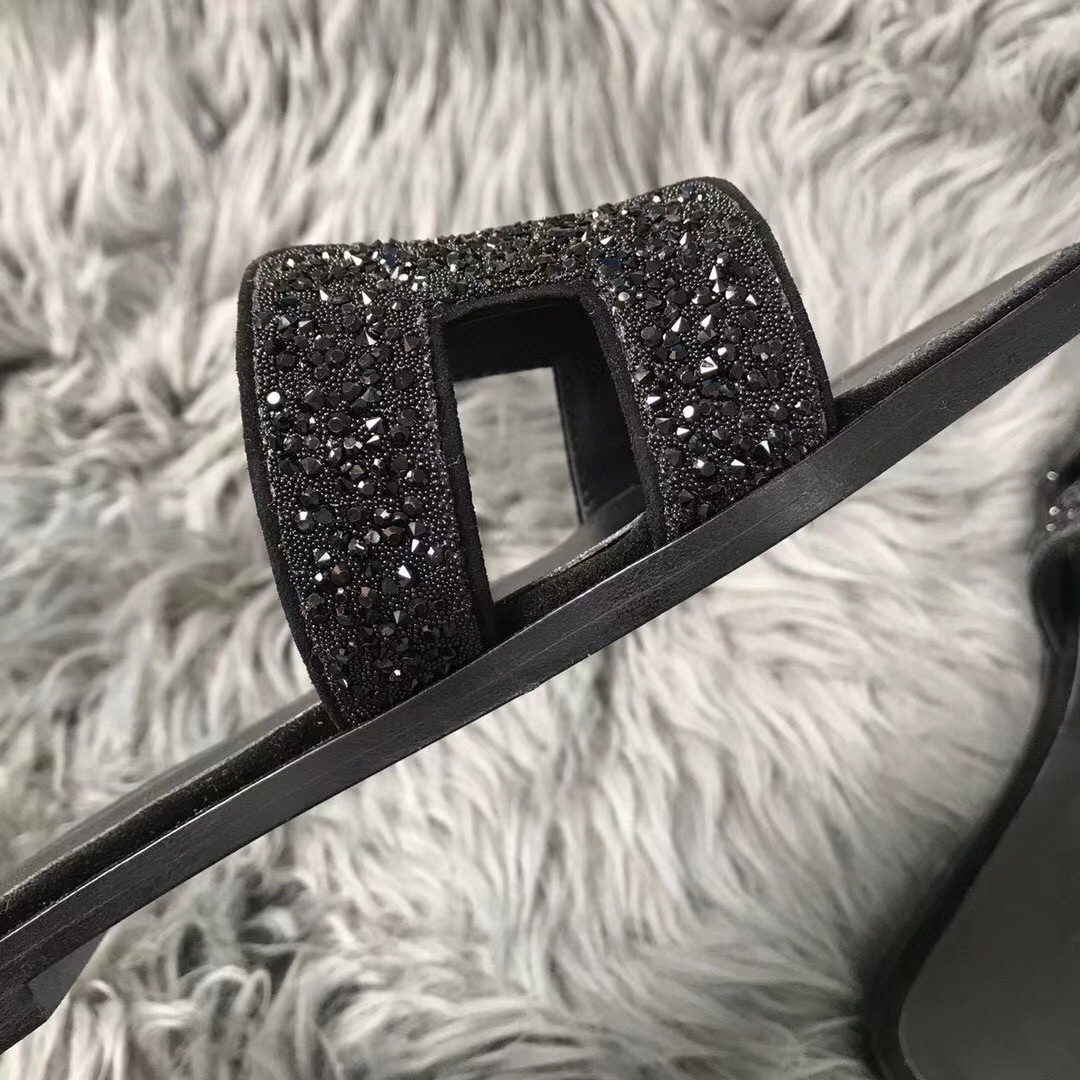 Hermes Oran Sandals In Black Suede With Black Crystal