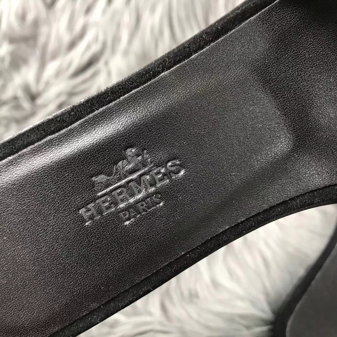 Hermes Oran Sandals In Black Suede With Black Crystal