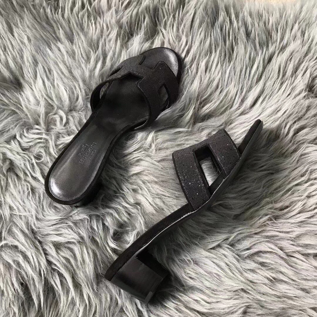 Hermes Oasis Sandals In Black Suede with Rhinestone