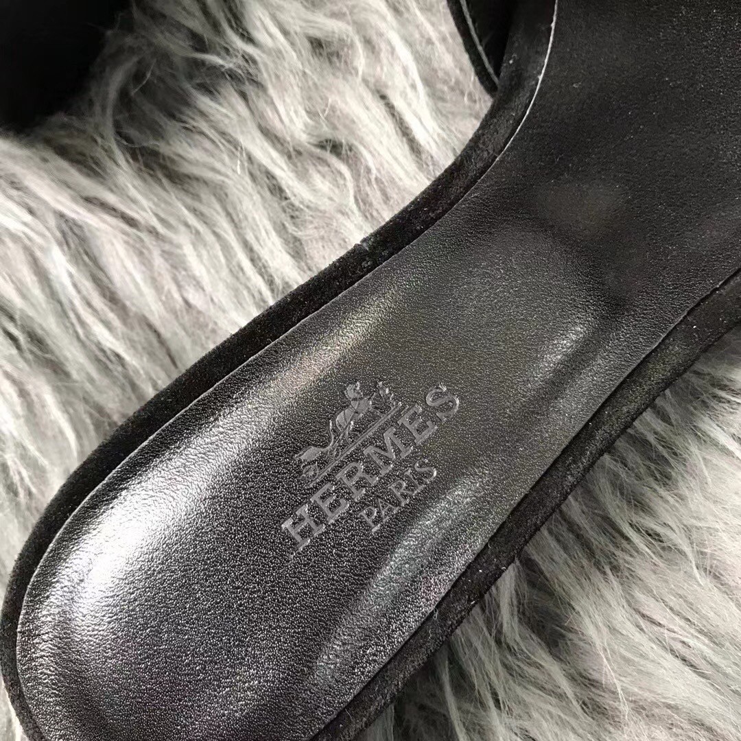Hermes Oasis Sandals In Black Suede with Rhinestone