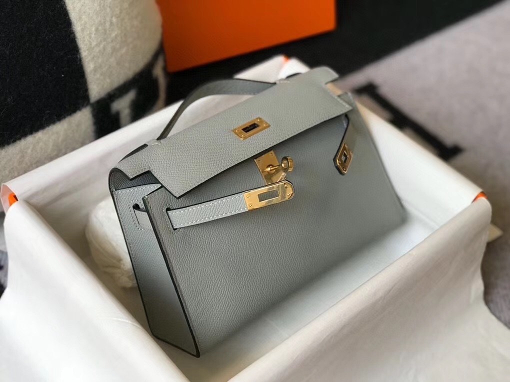 Hermes Kelly Pochette Bag In Blue Glacier Epsom Leather