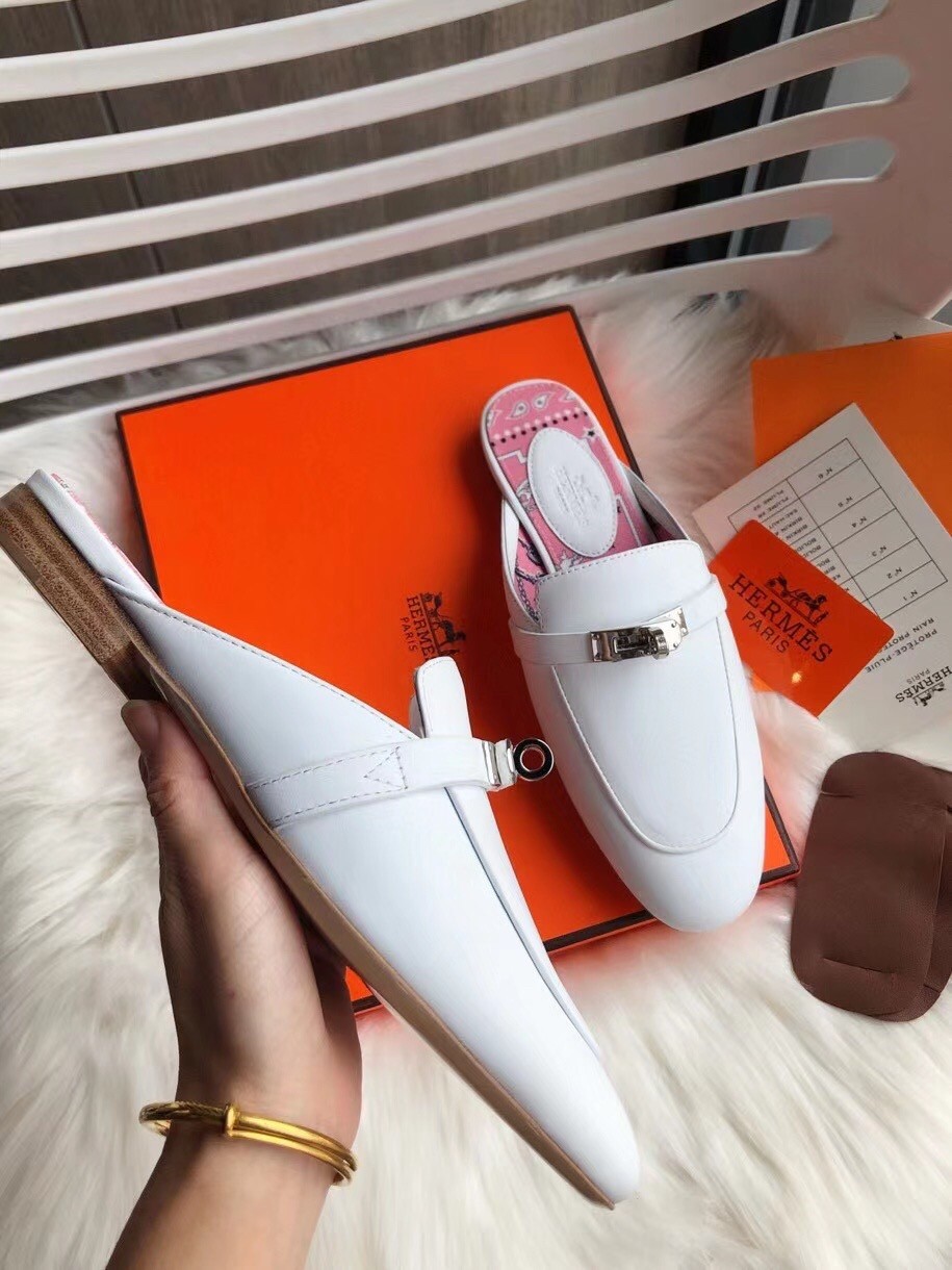 Hermes Oz Mules In White Calfskin Leather