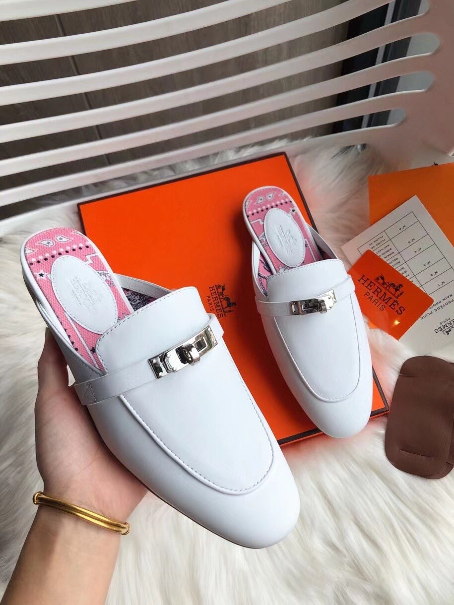Hermes Oz Mules In White Calfskin Leather