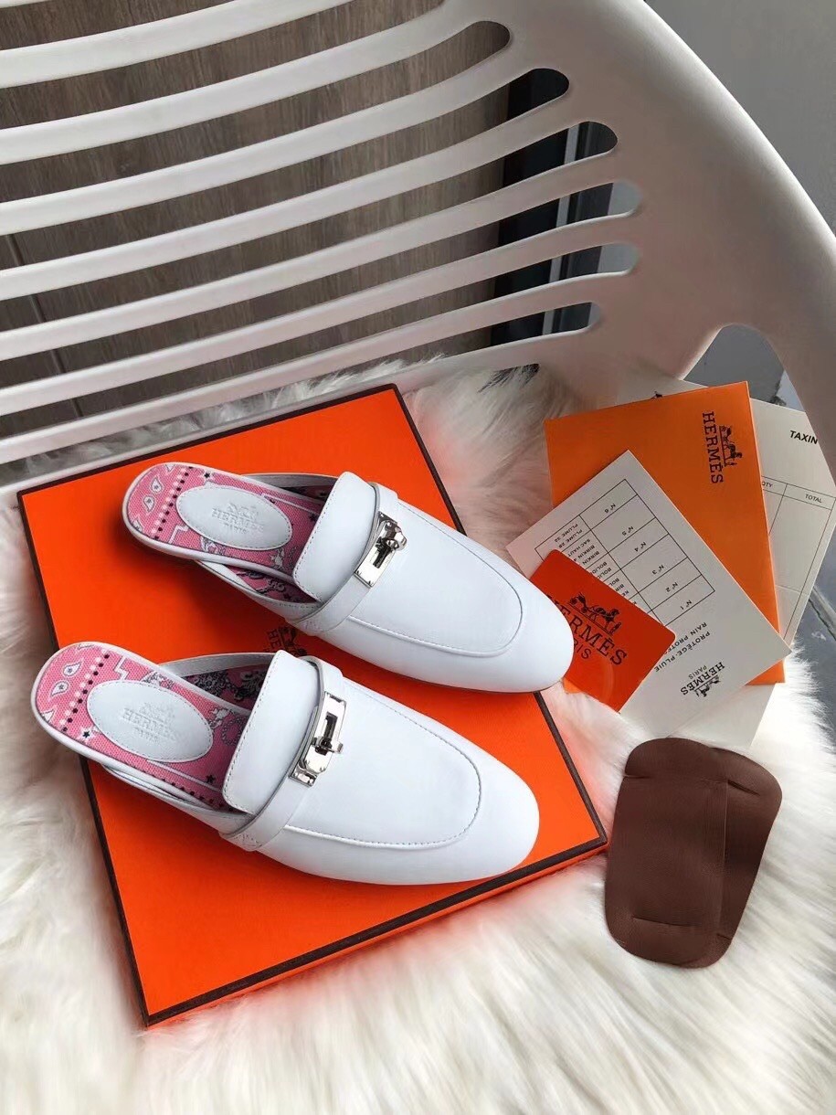 Hermes Oz Mules In White Calfskin Leather