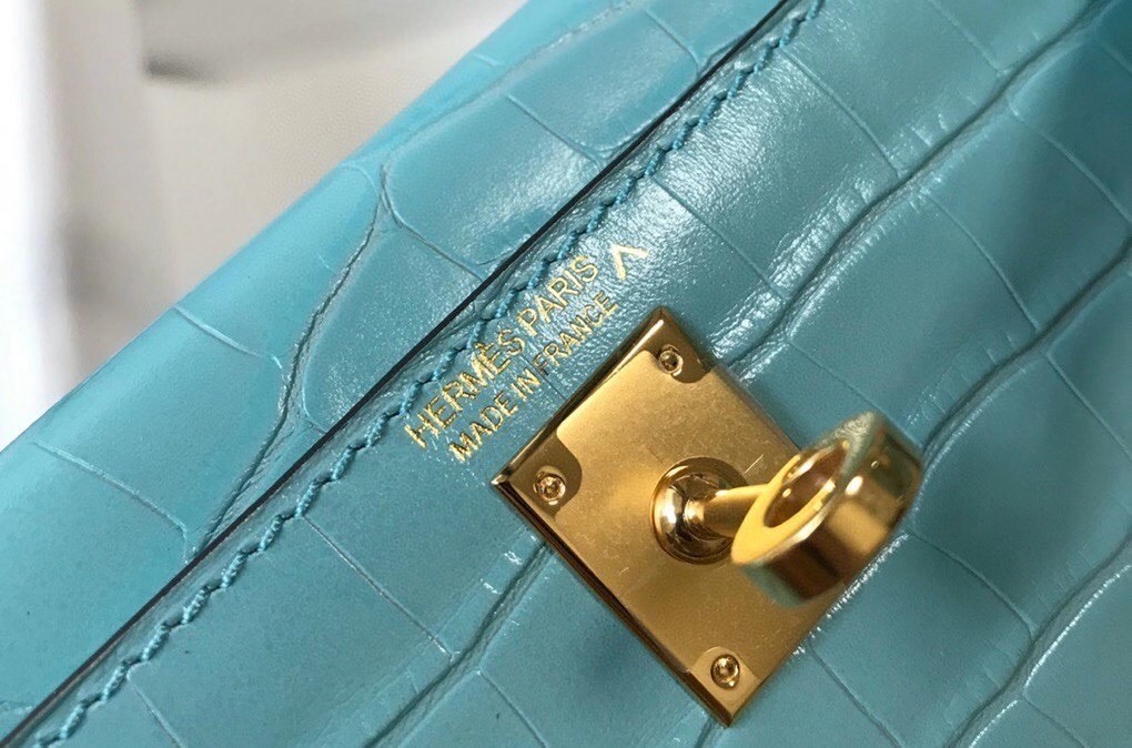 Hermes Kelly Mini II Bag In Blue Atoll Embossed Crocodile Calfskin