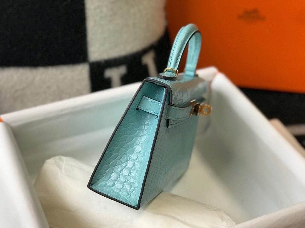 Hermes Kelly Mini II Bag In Blue Atoll Embossed Crocodile Calfskin