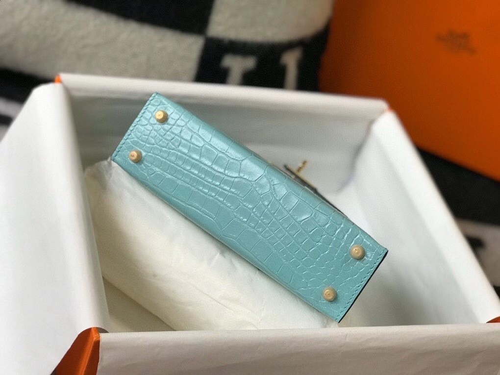 Hermes Kelly Mini II Bag In Blue Atoll Embossed Crocodile Calfskin