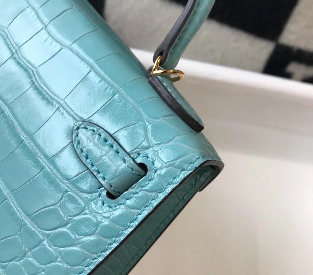 Hermes Kelly Mini II Bag In Blue Atoll Embossed Crocodile Calfskin