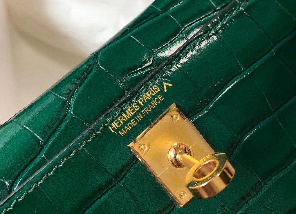 Hermes Kelly Mini II Bag In Green Embossed Crocodile Calfskin