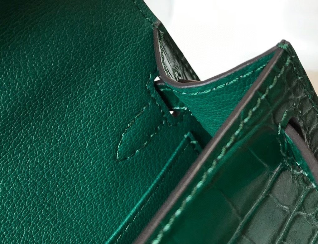 Hermes Kelly Mini II Bag In Green Embossed Crocodile Calfskin