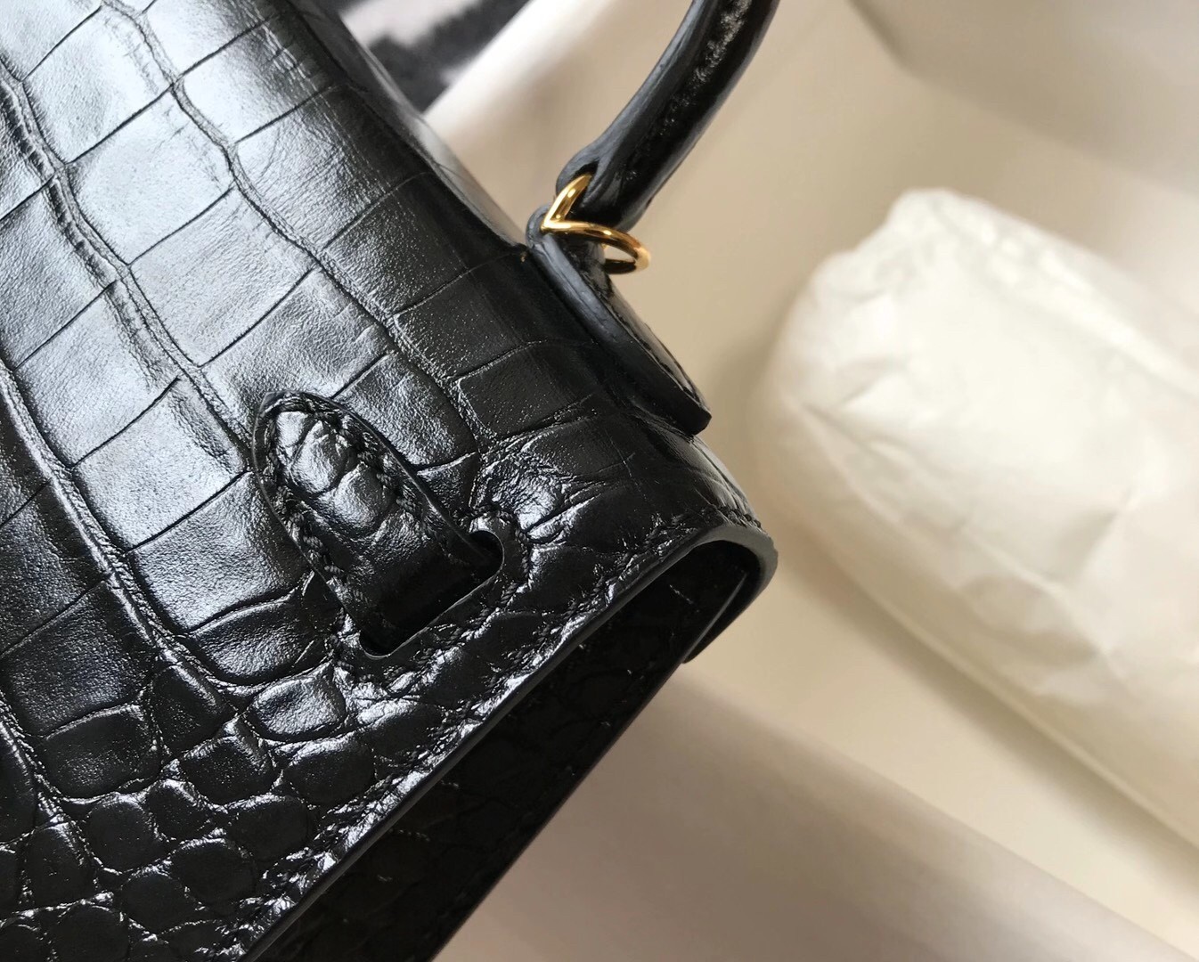 Hermes Kelly Mini II Bag In Black Embossed Crocodile Calfskin