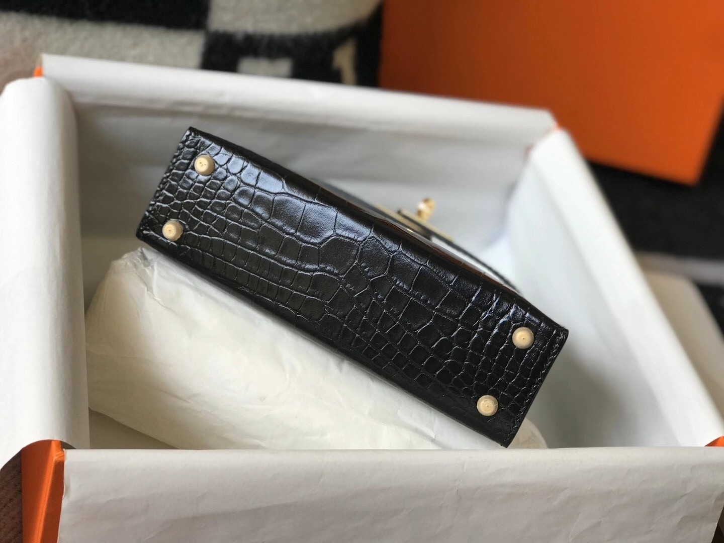 Hermes Kelly Mini II Bag In Black Embossed Crocodile Calfskin