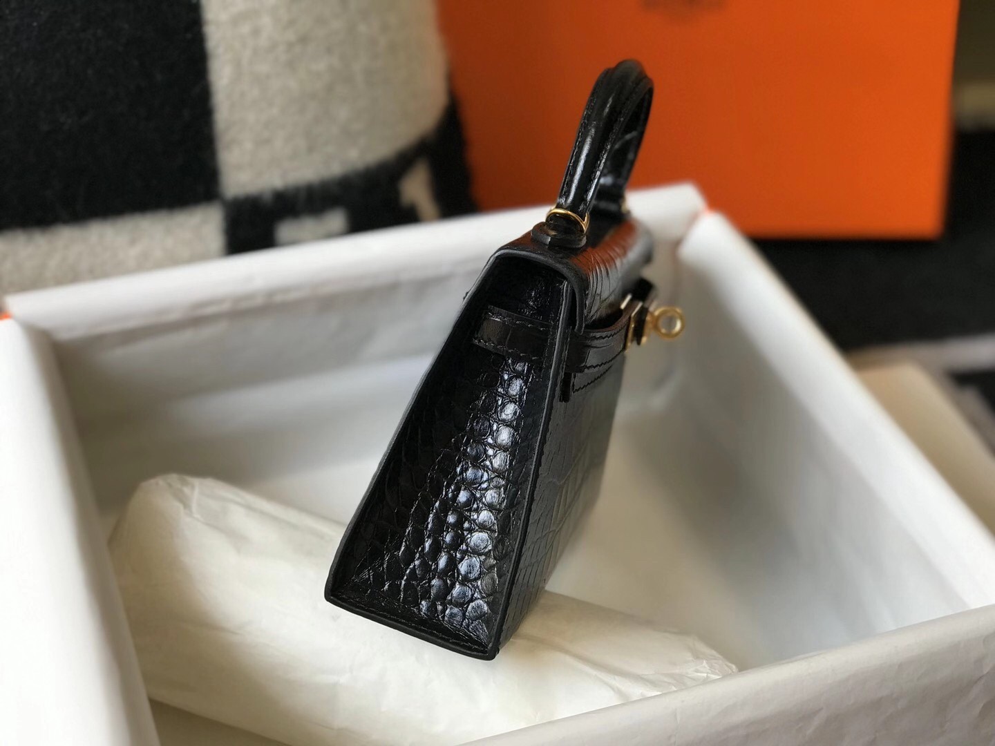 Hermes Kelly Mini II Bag In Black Embossed Crocodile Calfskin