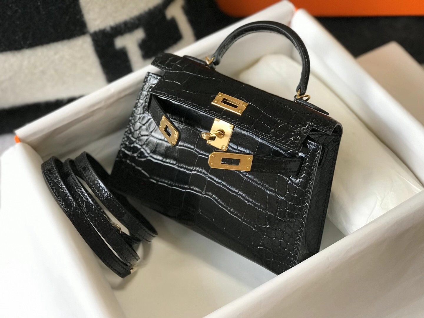 Hermes Kelly Mini II Bag In Black Embossed Crocodile Calfskin