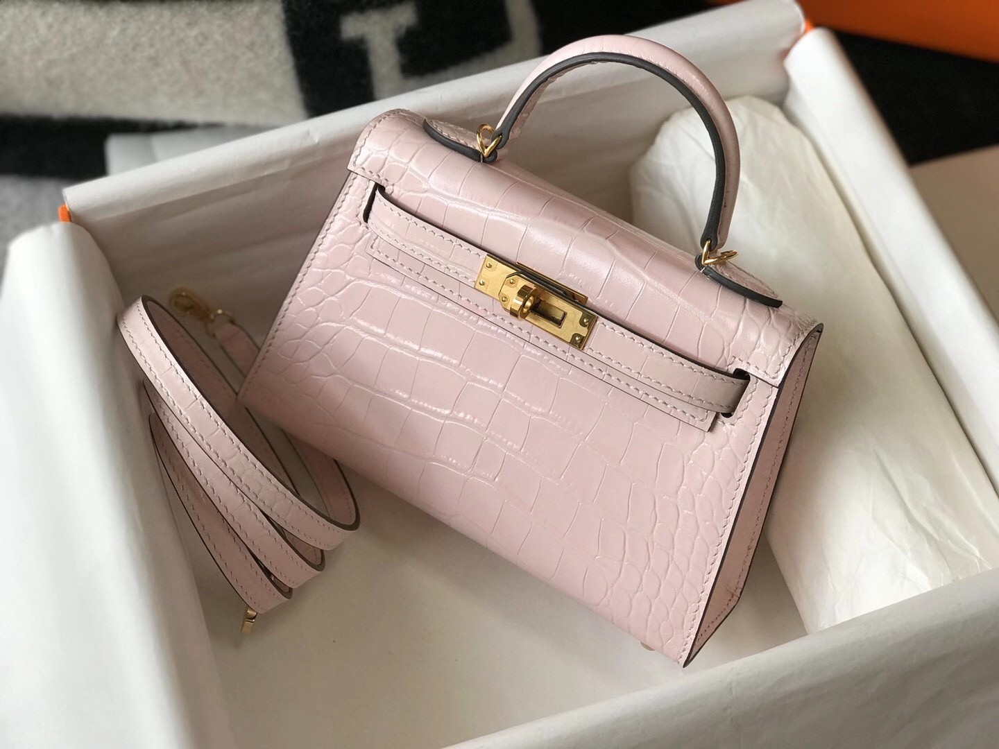 Hermes Kelly Mini II Bag In Rose Dragee Embossed Crocodile Calfskin