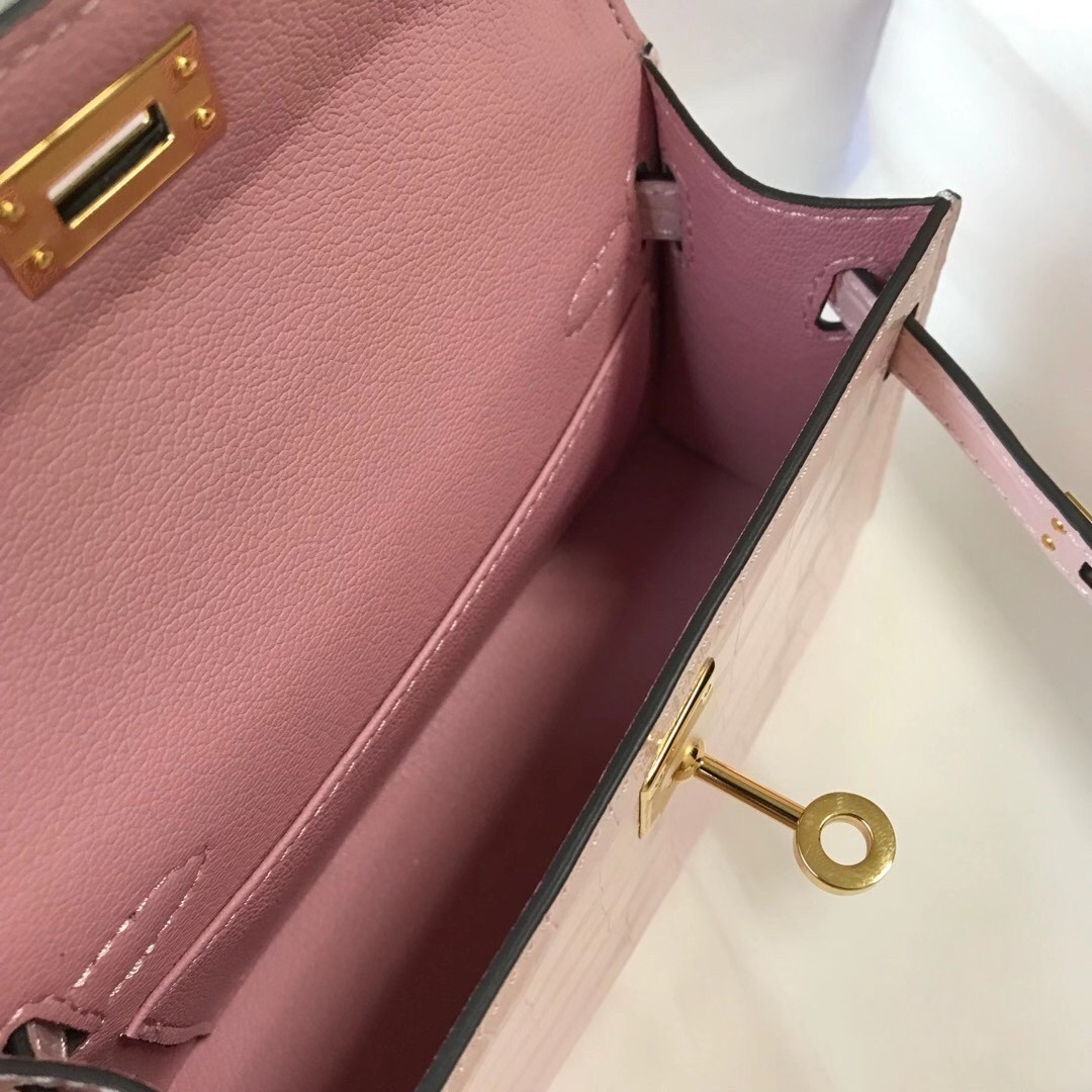 Hermes Kelly Mini II Bag In Rose Dragee Embossed Crocodile Calfskin