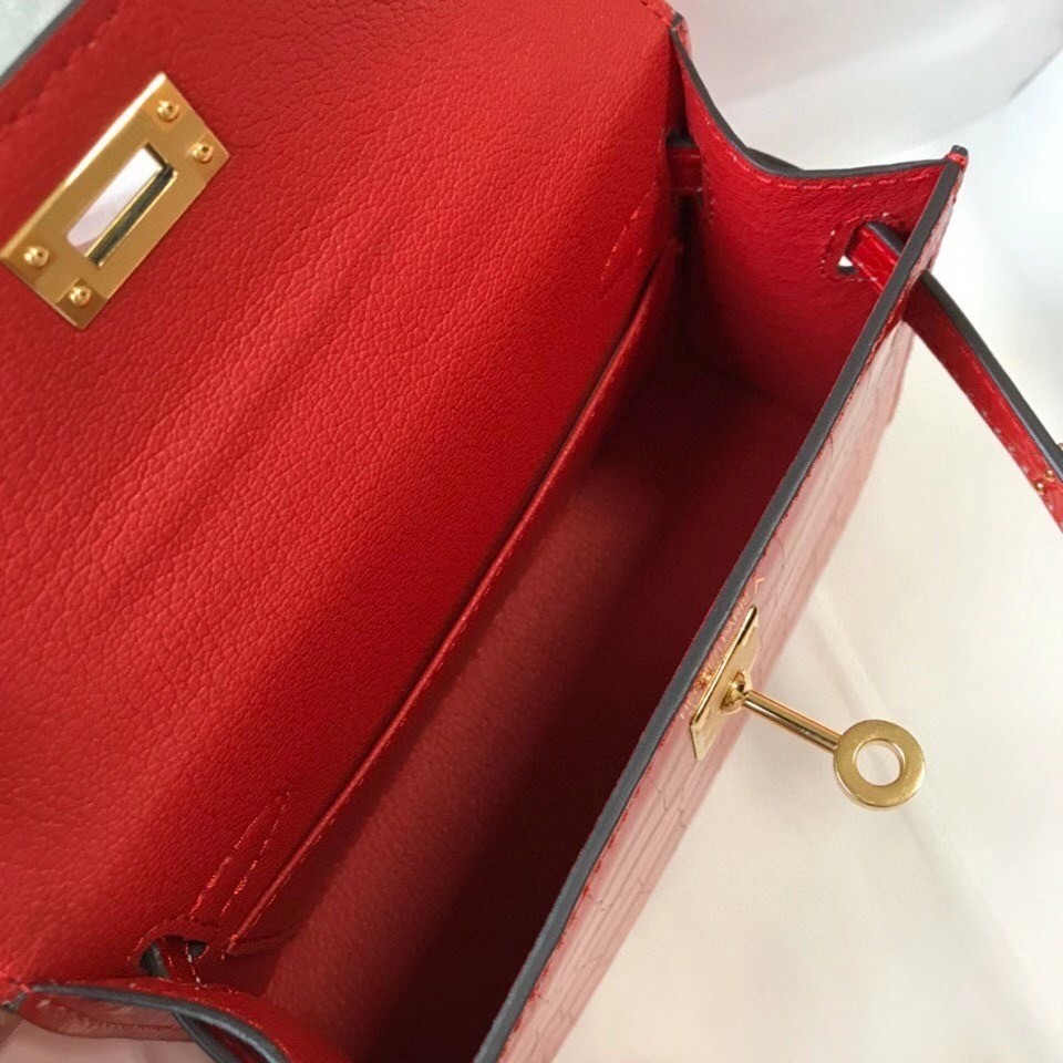 Hermes Kelly Mini II Bag In Red Embossed Crocodile Calfskin