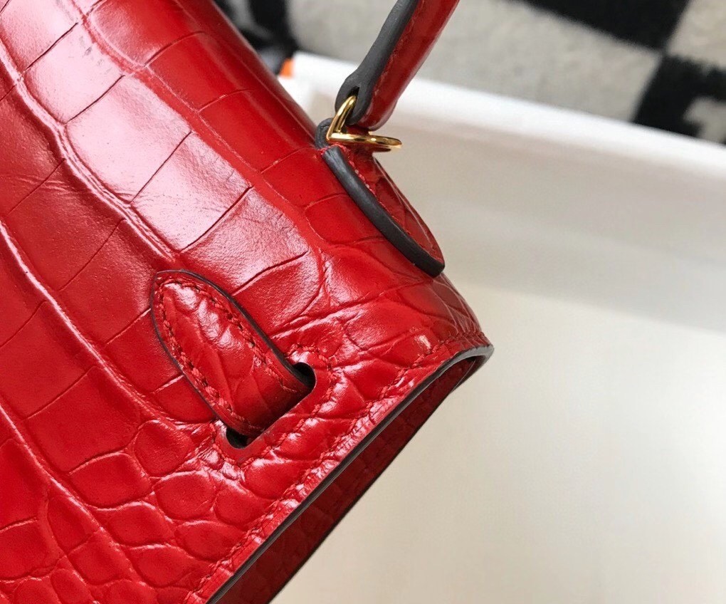 Hermes Kelly Mini II Bag In Red Embossed Crocodile Calfskin