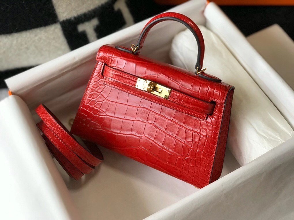 Hermes Kelly Mini II Bag In Red Embossed Crocodile Calfskin