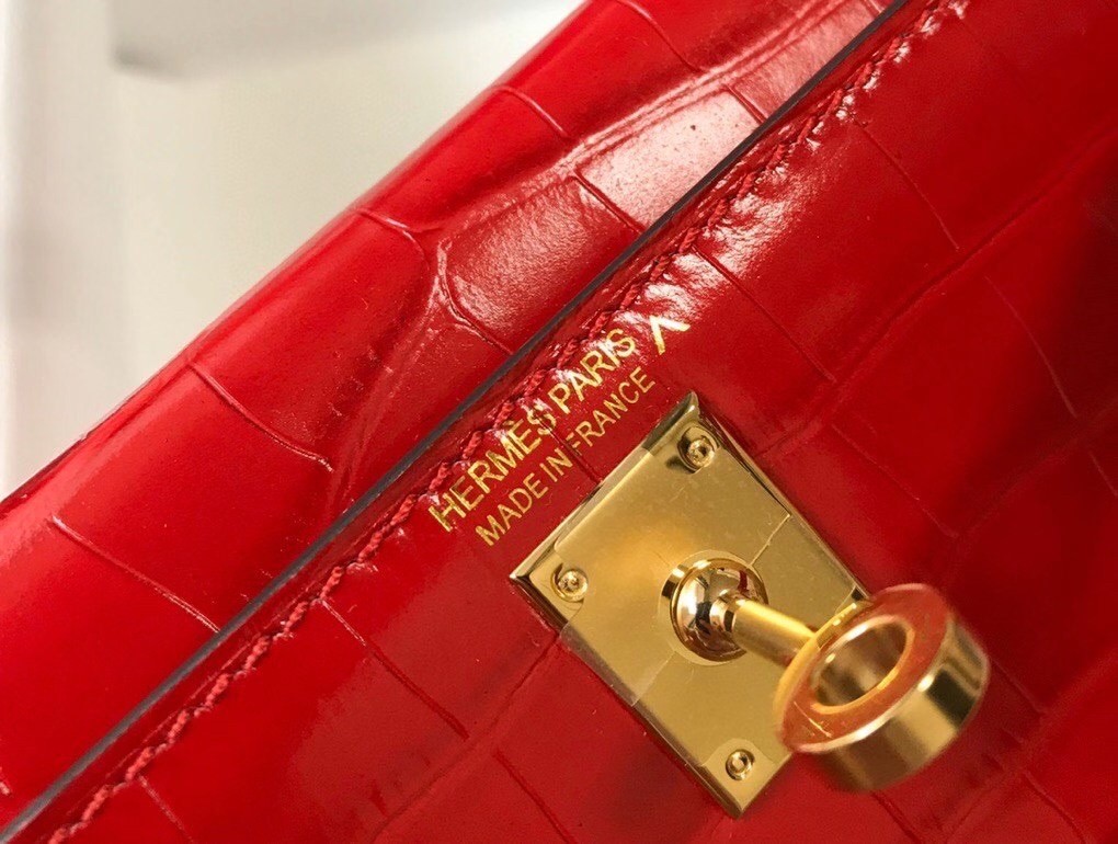 Hermes Kelly Mini II Bag In Red Embossed Crocodile Calfskin