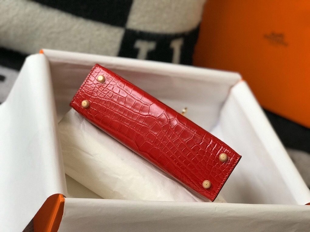 Hermes Kelly Mini II Bag In Red Embossed Crocodile Calfskin