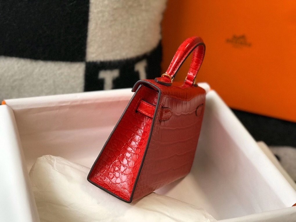 Hermes Kelly Mini II Bag In Red Embossed Crocodile Calfskin