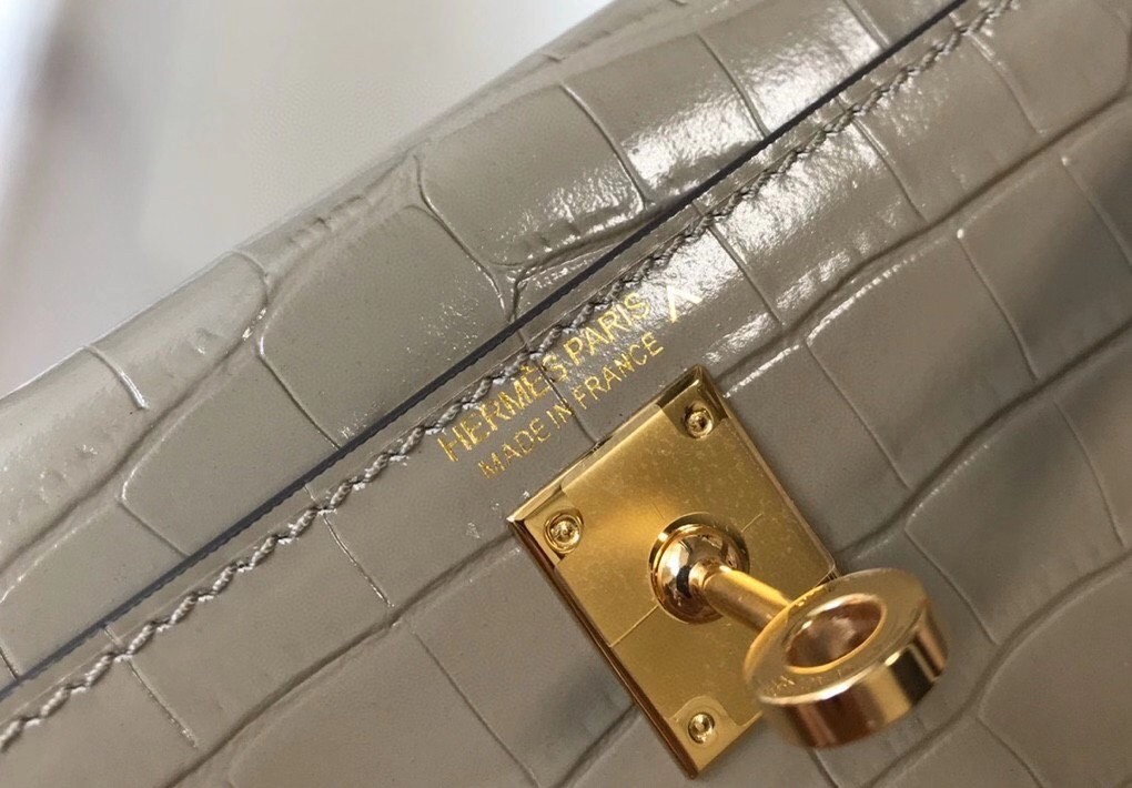 Hermes Kelly Mini II Bag In Taupe Embossed Crocodile Calfskin