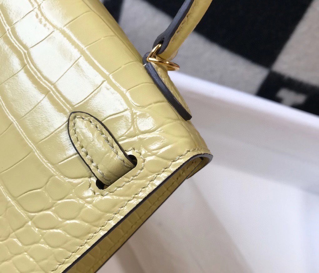 Hermes Kelly Mini II Bag In Jaune Poussin Embossed Crocodile Calfskin