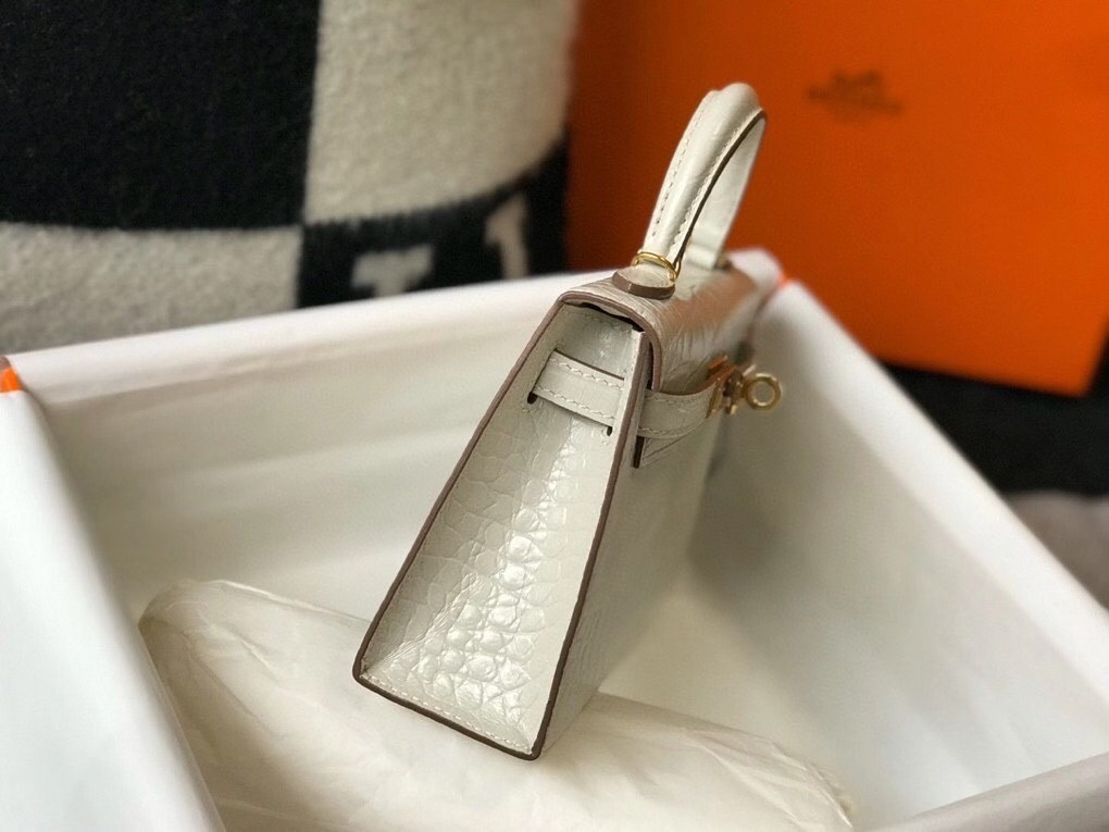 Hermes Kelly Mini II Bag In Beton Embossed Crocodile Calfskin