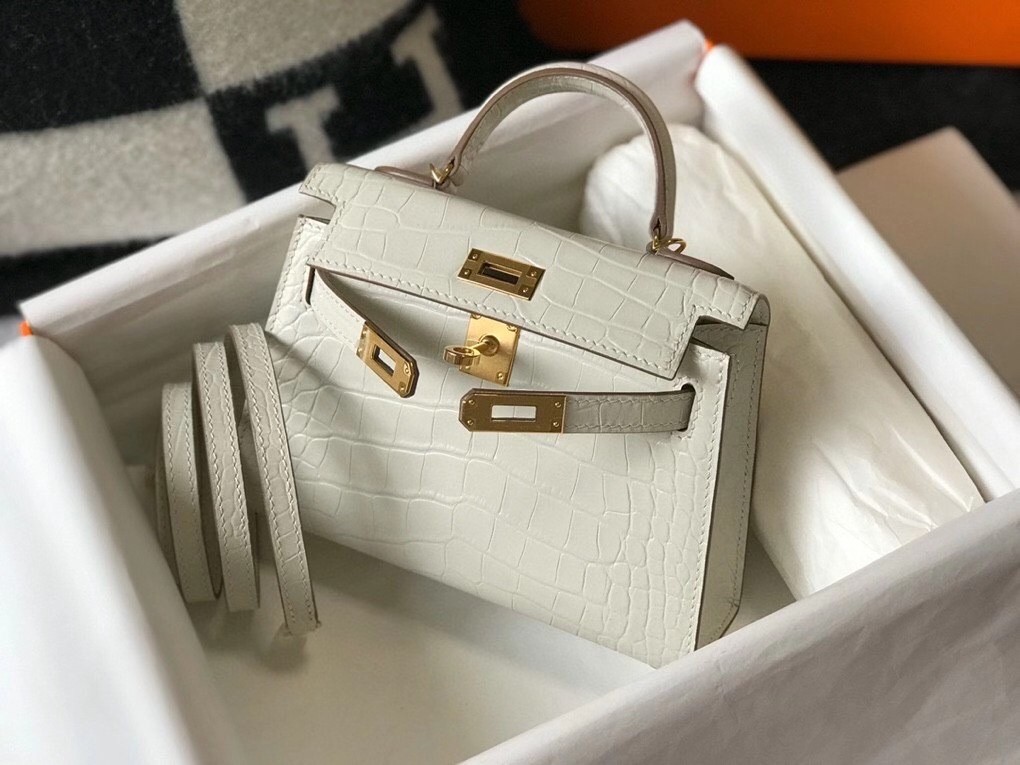 Hermes Kelly Mini II Bag In Beton Embossed Crocodile Calfskin