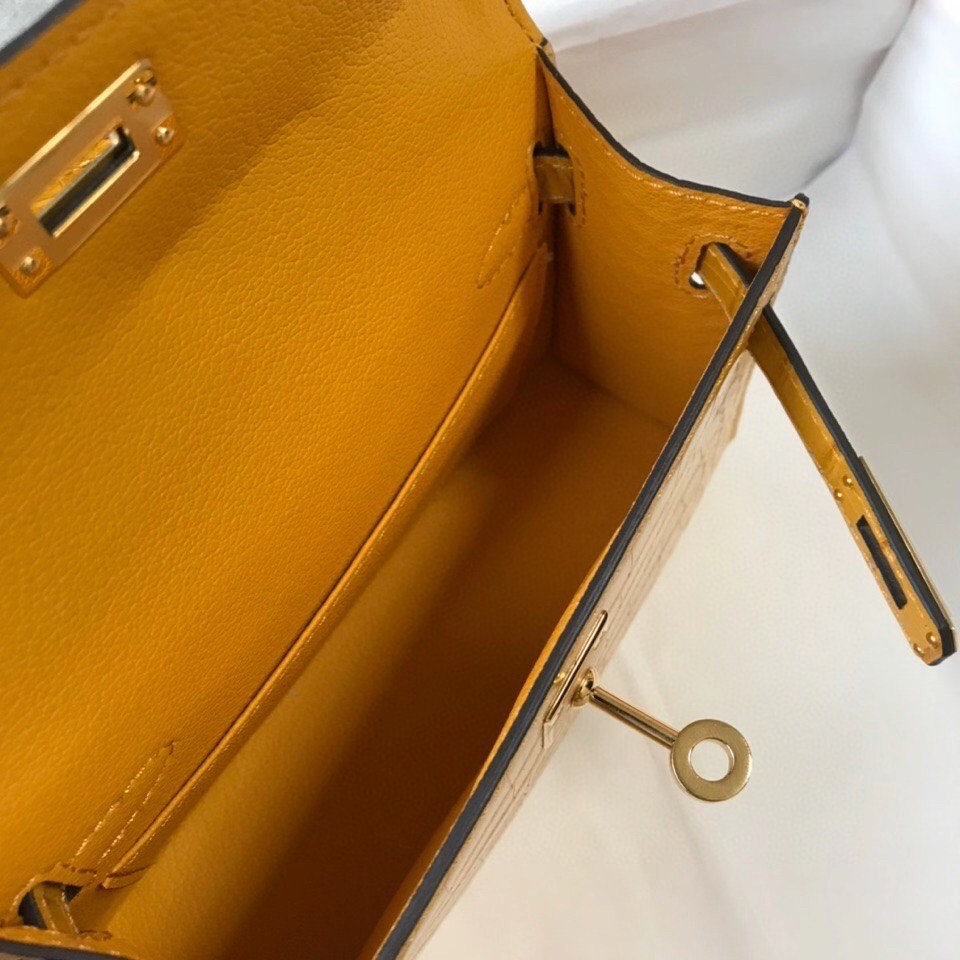 Hermes Kelly Mini II Bag In Yellow Embossed Crocodile Calfskin