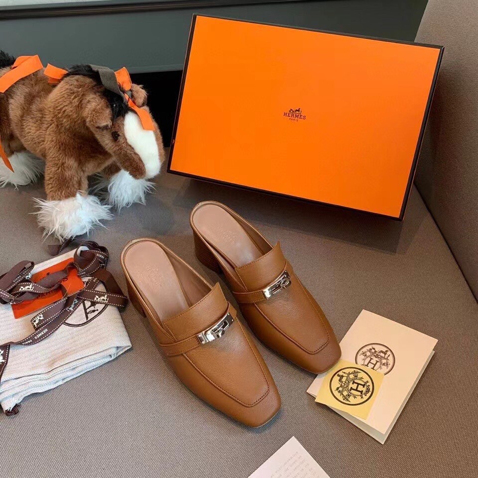 Hermes Blossom Mules In Brown Goatskin
