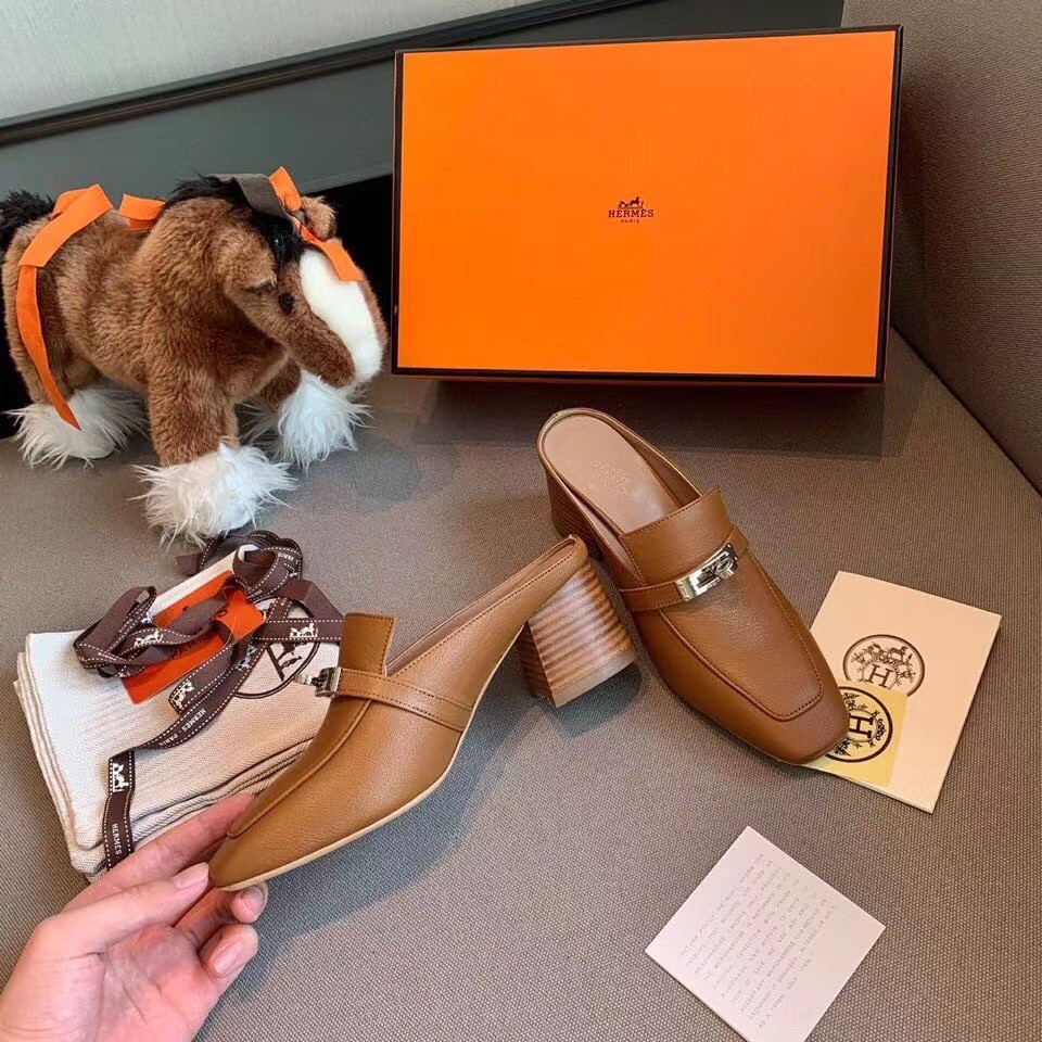 Hermes Blossom Mules In Brown Goatskin