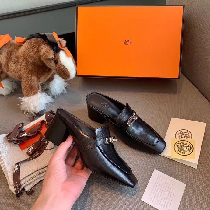 Hermes Blossom Mules In Black Goatskin