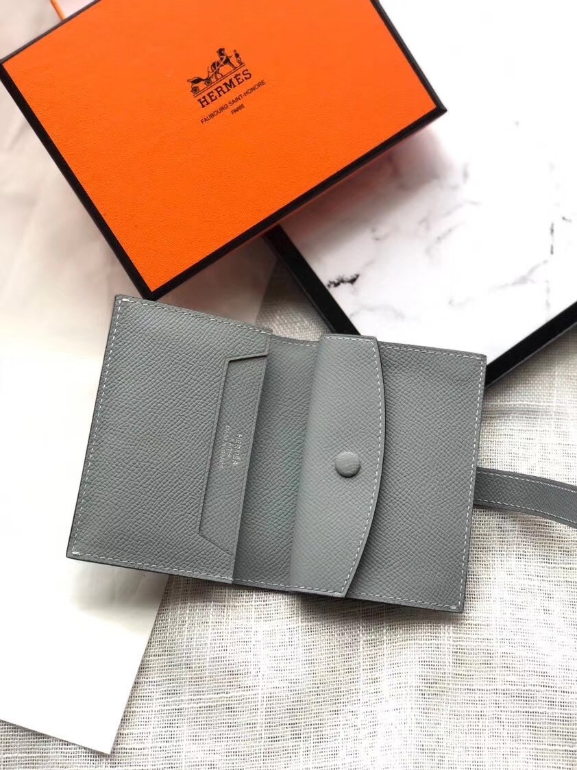 Hermes Bearn Mini Wallet In Blue Lin Epsom Leather
