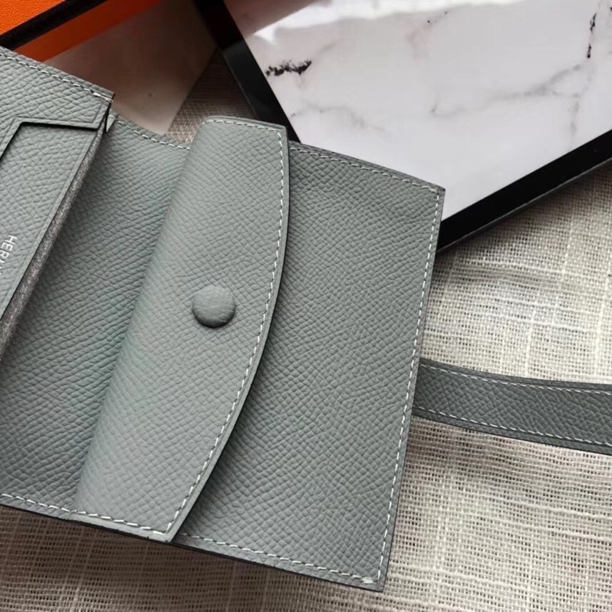Hermes Bearn Mini Wallet In Blue Lin Epsom Leather