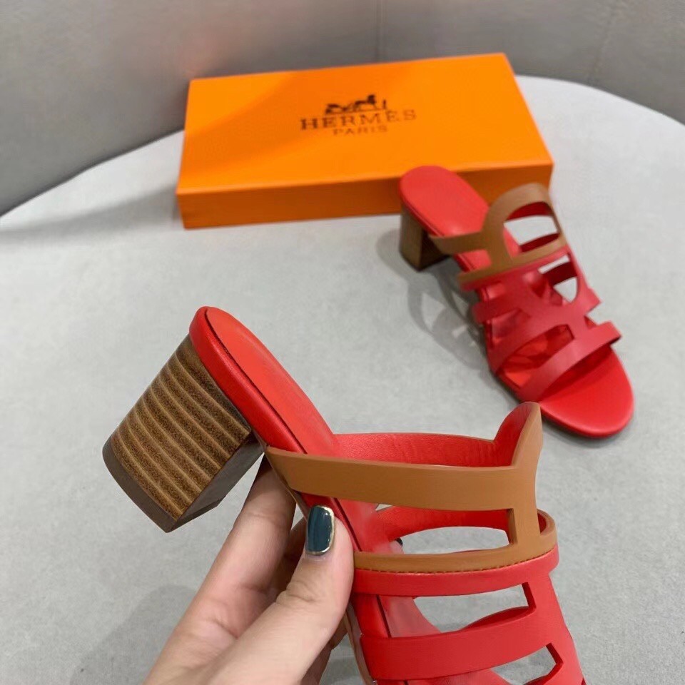 Hermes Celena Sandals 5MM In Red/Brown Calfskin