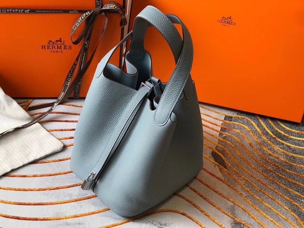 Hermes Picotin Lock 22 Bag In Blue Lin Clemence Leather